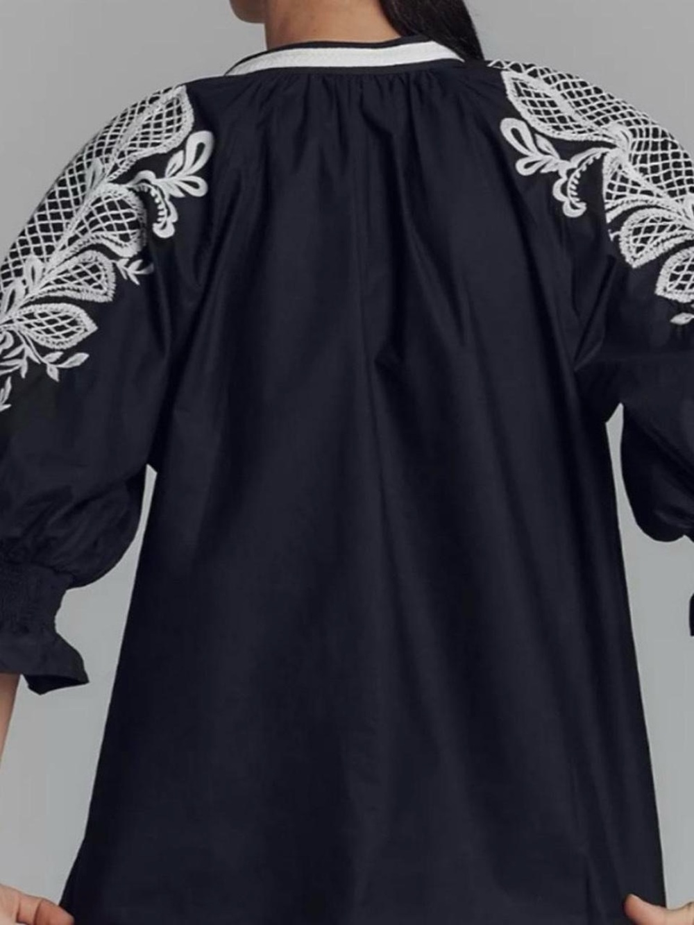 Maeve Embroidered Black Peasant Blouse with embroidery White Detail - Picture 3 of 8